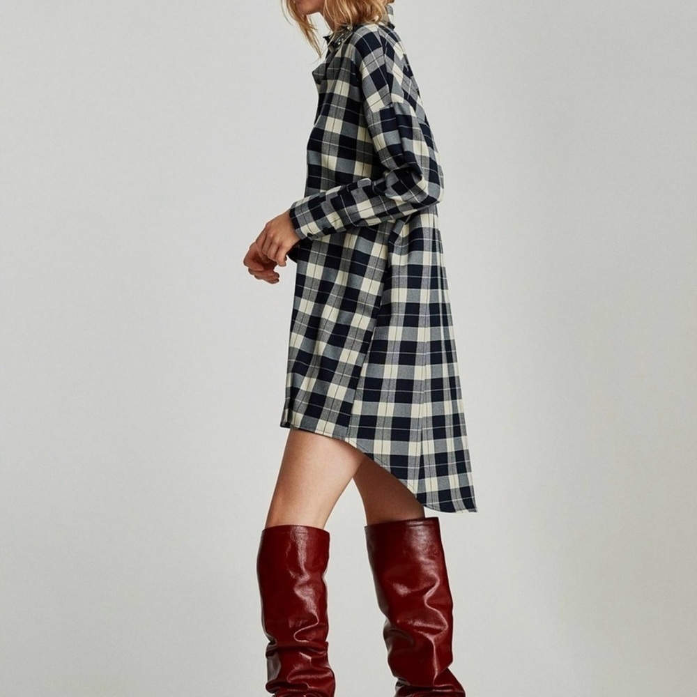 Zara Oversized Plaid Shirt Dress w/ Jeweled Collar Black and Ivory size Large - Picture 3 of 9